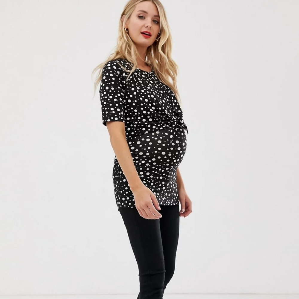 ASOS DESIGN Maternity nursing knot front top in mixed polka dot